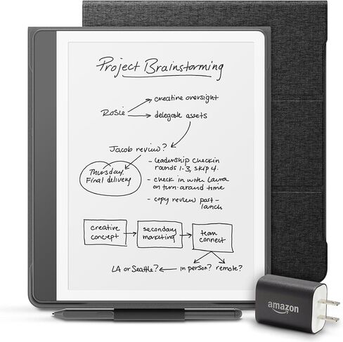 حزمة Amazon Kindle Scribe Essentials الجديدة بما في ذلك New Kindle Scribe (64 غيغابايت) - التنغستن ، القلم الممتاز ، Fabric Folio -Black ، و Power Adapter in Saudi Arabia