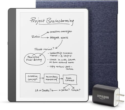 حزمة Amazon Kindle Scribe Essentials الجديدة بما في ذلك New Kindle Scribe (64 غيغابايت) - التنغستن ، القلم الممتاز ، Fabric Folio -Black ، و Power Adapter in Saudi Arabia