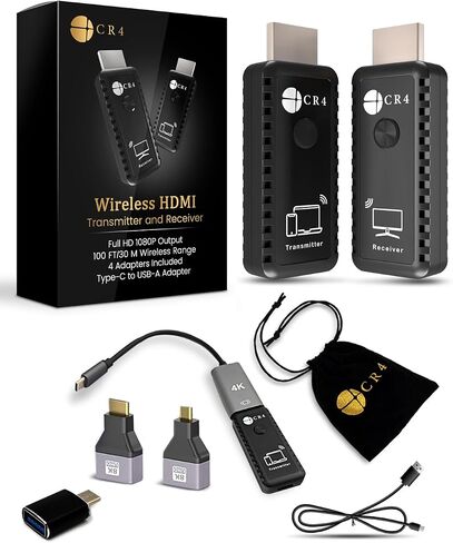 CR4 Wireless HDMI جهاز إرسال ومستقبل 100 قدم | إدخال 4K ، 1080p الإخراج ، التوصيل والتشغيل 5G HDMI Extender مع 4 محولات ، مربع الهدايا | دفق من الكمبيوتر الشخصي ، الكمبيوتر المحمول ، iPhone ، Android ، مربع التلفزيون إلى Projector (أسود) in Saudi Arabia