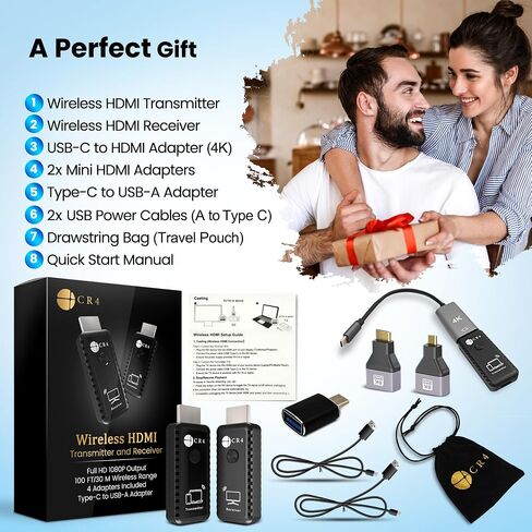 CR4 Wireless HDMI جهاز إرسال ومستقبل 100 قدم | إدخال 4K ، 1080p الإخراج ، التوصيل والتشغيل 5G HDMI Extender مع 4 محولات ، مربع الهدايا | دفق من الكمبيوتر الشخصي ، الكمبيوتر المحمول ، iPhone ، Android ، مربع التلفزيون إلى Projector (أسود) in Saudi Arabia