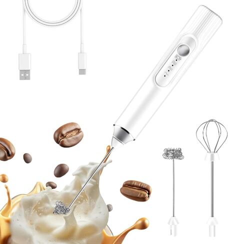 Electric Milk Frother Hand Mixer, USB-C Rechargeable Handheld Mixer, Cordless Foam Stirrer with 2 Heads 3 Speeds, For Latte, Cappuccino, Hot Chocolate, Egg, Protein Powder (White) in Saudi Arabia