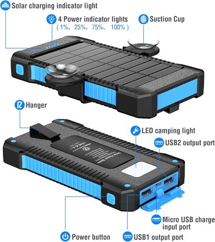 Solar Power Bank 38800mAh ، شاحن محمول مع كوب شفط ومصباح يدوي LED ، 2 USB-A الإخراج ، حزمة البطارية الخارجية المقاومة للماء IPX7 ، متوافقة مع جميع الهواتف المحمولة in Kuwait