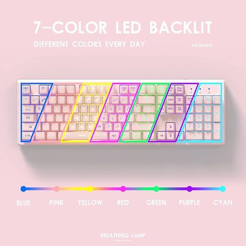 Basaltech Pink Keyboard with 7-Color LED Backlit, 104 Keys Quiet Silent Light Up Keyboards, 19-Key Anti-Ghosting Cheap Gaming Keyboard Mechanical Feeling Waterproof Wired USB for Computer, Mac, Laptop in Kuwait