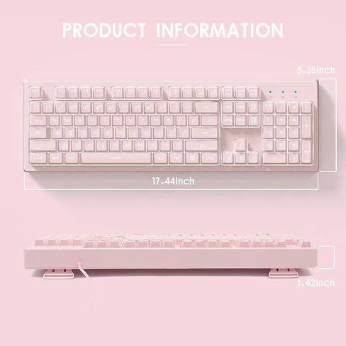 Basaltech Pink Keyboard with 7-Color LED Backlit, 104 Keys Quiet Silent Light Up Keyboards, 19-Key Anti-Ghosting Cheap Gaming Keyboard Mechanical Feeling Waterproof Wired USB for Computer, Mac, Laptop in Kuwait