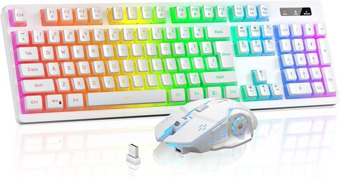 Wireless Gaming Keyboard and Mouse Combo - RGB Backlit, Rechargeable, Ergonomic, for Gaming Work, Long-Lasting Built-in Battery (White) in Saudi Arabia