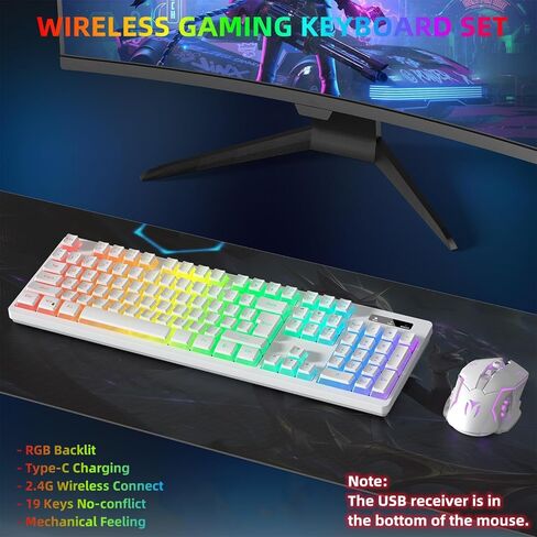 Wireless Gaming Keyboard and Mouse Combo - RGB Backlit, Rechargeable, Ergonomic, for Gaming Work, Long-Lasting Built-in Battery (White) in Saudi Arabia