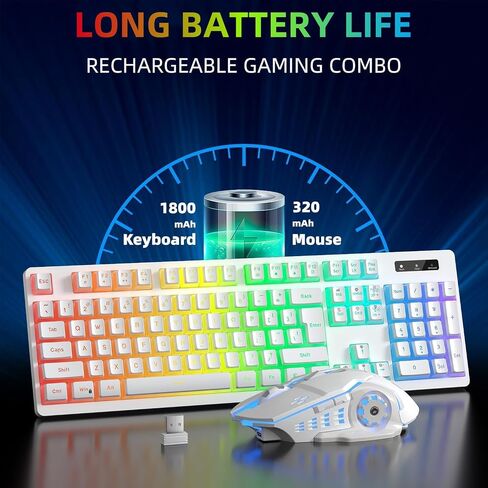 Wireless Gaming Keyboard and Mouse Combo - RGB Backlit, Rechargeable, Ergonomic, for Gaming Work, Long-Lasting Built-in Battery (White) in Saudi Arabia