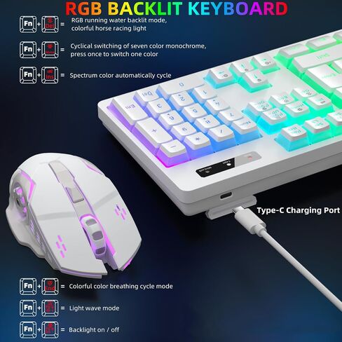 Wireless Gaming Keyboard and Mouse Combo - RGB Backlit, Rechargeable, Ergonomic, for Gaming Work, Long-Lasting Built-in Battery (White) in Saudi Arabia