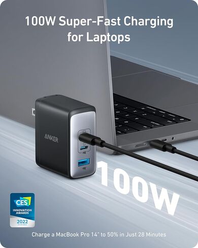 Anker Nano 100W USB-C Charger, 3-Port Fast Compact GaN Charger for MacBook Pro/Air, Pixelbook, ThinkPad, Dell XPS, iPad Pro, iPhone 16 Series, Galaxy S23, and More (Black, 1 Pack & 1 Cable) in Kuwait