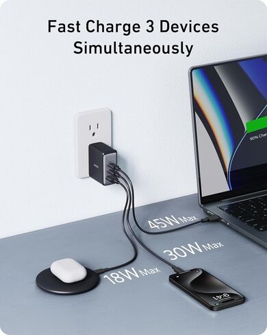 Anker Nano 100W USB-C Charger, 3-Port Fast Compact GaN Charger for MacBook Pro/Air, Pixelbook, ThinkPad, Dell XPS, iPad Pro, iPhone 16 Series, Galaxy S23, and More (Black, 1 Pack & 1 Cable) in Kuwait