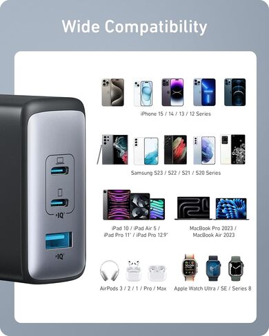 Anker Nano 100W USB-C Charger, 3-Port Fast Compact GaN Charger for MacBook Pro/Air, Pixelbook, ThinkPad, Dell XPS, iPad Pro, iPhone 16 Series, Galaxy S23, and More (Black, 1 Pack & 1 Cable) in Kuwait