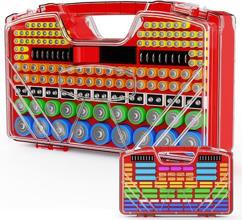 Battery Organizer Storage Holder Box Case with Tester, New Ultra-Large 285+Batteries Double-Sided Variety Pack, Holds AA AAA 4A C D Button Cell 9V 3V Lithium18650 CR2 CR123 CR1632 LR44 (Red) in Saudi Arabia