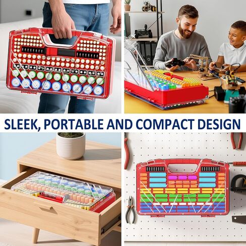 Battery Organizer Storage Holder Box Case with Tester, New Ultra-Large 285+Batteries Double-Sided Variety Pack, Holds AA AAA 4A C D Button Cell 9V 3V Lithium18650 CR2 CR123 CR1632 LR44 (Red) in Saudi Arabia