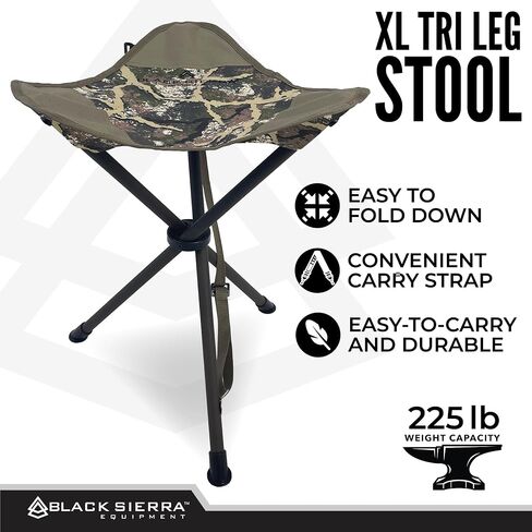 Black Sierra Folding Hunting Stool with Shoulder Strap, Lightweight Collapsible Tripod Seat, Steel Frame Supports 225 lbs, Portable Foldable Chair for Hunting Blind, Fishing, Hiking, Travel in Kuwait