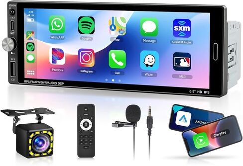 ستيريو سيارة دين واحد مع Carplay اللاسلكي Android Auto-2025 Bluetooth 5.2 Type-C Dual Dual 6.9 بوصة IPS شاشة الراديو مع مرآة كاميرا النسخ الاحتياطي رابط FM USB EQ SWC in Kuwait