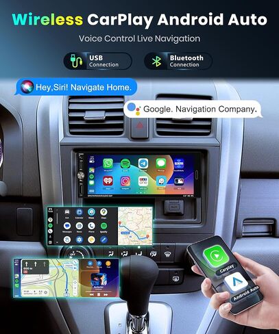 ستيريو سيارة دين واحد مع Carplay اللاسلكي Android Auto-2025 Bluetooth 5.2 Type-C Dual Dual 6.9 بوصة IPS شاشة الراديو مع مرآة كاميرا النسخ الاحتياطي رابط FM USB EQ SWC in Kuwait