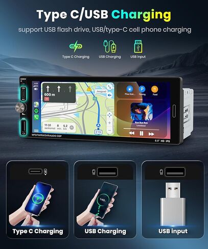 ستيريو سيارة دين واحد مع Carplay اللاسلكي Android Auto-2025 Bluetooth 5.2 Type-C Dual Dual 6.9 بوصة IPS شاشة الراديو مع مرآة كاميرا النسخ الاحتياطي رابط FM USB EQ SWC in Kuwait