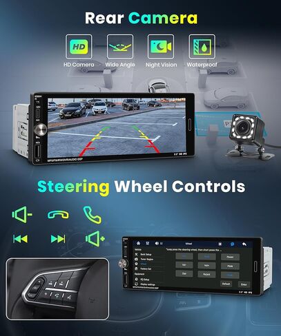 ستيريو سيارة دين واحد مع Carplay اللاسلكي Android Auto-2025 Bluetooth 5.2 Type-C Dual Dual 6.9 بوصة IPS شاشة الراديو مع مرآة كاميرا النسخ الاحتياطي رابط FM USB EQ SWC in Kuwait