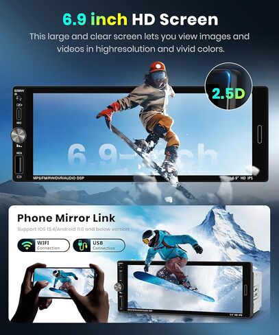ستيريو سيارة دين واحد مع Carplay اللاسلكي Android Auto-2025 Bluetooth 5.2 Type-C Dual Dual 6.9 بوصة IPS شاشة الراديو مع مرآة كاميرا النسخ الاحتياطي رابط FM USB EQ SWC in Kuwait