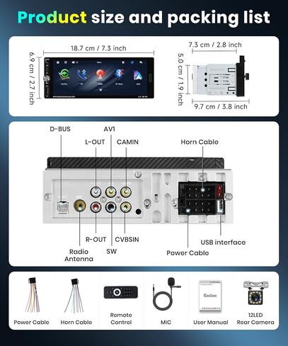 ستيريو سيارة دين واحد مع Carplay اللاسلكي Android Auto-2025 Bluetooth 5.2 Type-C Dual Dual 6.9 بوصة IPS شاشة الراديو مع مرآة كاميرا النسخ الاحتياطي رابط FM USB EQ SWC in Kuwait