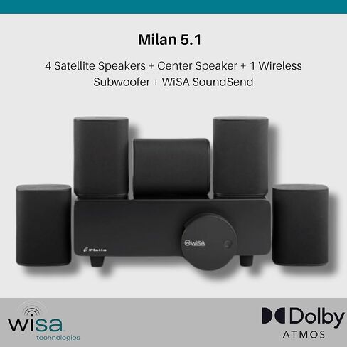 Platin Milan 5.1 نظام مكبر الصوت المحيطي - نظام المسرح المنزلي اللاسلكي لأجهزة التلفزيون الذكية - WISA معتمد - مع وجود جهاز إرسال WISA Soundsend - لا حاجة إلى أسلاك المتلقي أو مكبرات الصوت in Kuwait