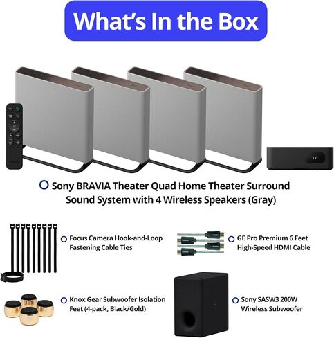 Sony Bravia Theatre Quad Home Theatre Sound Sound مع 4 مكبرات صوت لاسلكية (رمادي) حزمة SASW3 اللاسلكية ، ووسادات العزل المراقبة ، وكابل HDMI ، وعلاقات الكابل (5 عناصر) in Saudi Arabia