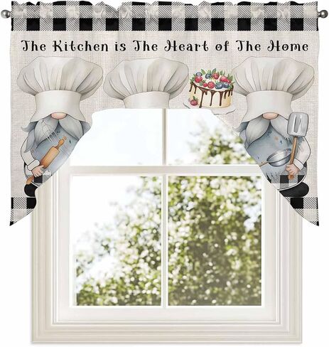 ستائر مطبخ Chef Gnomes Swag Valance، لوحات ستائر ستائرية بجيب قضيب لغرفة النوم وغرفة المعيشة والحمام ونوافذ المقهى، أسود أبيض منقوش على شكل كعكة حلوى الطبخ 56 بوصة × 36 بوصة in Saudi Arabia