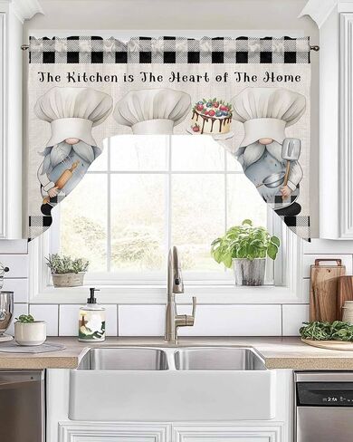 ستائر مطبخ Chef Gnomes Swag Valance، لوحات ستائر ستائرية بجيب قضيب لغرفة النوم وغرفة المعيشة والحمام ونوافذ المقهى، أسود أبيض منقوش على شكل كعكة حلوى الطبخ 56 بوصة × 36 بوصة in Saudi Arabia