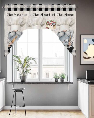 ستائر مطبخ Chef Gnomes Swag Valance، لوحات ستائر ستائرية بجيب قضيب لغرفة النوم وغرفة المعيشة والحمام ونوافذ المقهى، أسود أبيض منقوش على شكل كعكة حلوى الطبخ 56 بوصة × 36 بوصة in Saudi Arabia