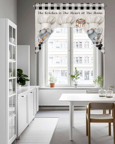 ستائر مطبخ Chef Gnomes Swag Valance، لوحات ستائر ستائرية بجيب قضيب لغرفة النوم وغرفة المعيشة والحمام ونوافذ المقهى، أسود أبيض منقوش على شكل كعكة حلوى الطبخ 56 بوصة × 36 بوصة in Saudi Arabia
