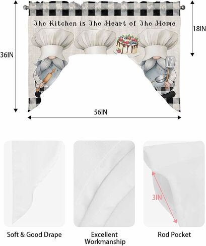 ستائر مطبخ Chef Gnomes Swag Valance، لوحات ستائر ستائرية بجيب قضيب لغرفة النوم وغرفة المعيشة والحمام ونوافذ المقهى، أسود أبيض منقوش على شكل كعكة حلوى الطبخ 56 بوصة × 36 بوصة in Saudi Arabia