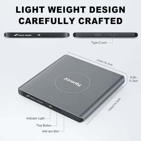محرك الأقراص المضغوطة/DVD الخارجية لجهاز الكمبيوتر المحمول/الكمبيوتر ، مشغل سبيكة محمول USB 3.0 Type-C USB للكمبيوتر CD DVD +/- RW Disk CD CDER Conster متوافق مع سطح المكتب Windows Apple Linux (F03) in Kuwait