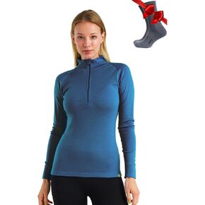 Merino Wool Base Layer Women Long Sleeve Half Zip Shirt (X-Large, 250 Deep Teal) in Kuwait