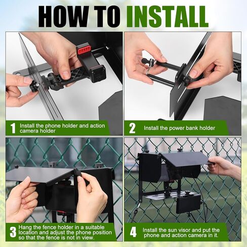 Phone Fence Mount with Adjustable Shade, Fence Mount with Power Bank Clip for Phone and Action Camera, Multi-Point Adjustable for Recording Baseball Football Softball Tennis in Saudi Arabia