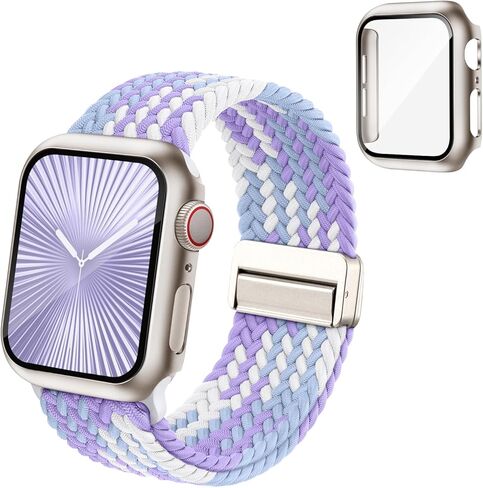 نطاقات ممتدة مضفر مغناطيسية متوافقة مع شريط ساعة Apple و Case 40mm 42mm 42mm 44mm 45mm 46mm النساء ، حلقة منفردة نايلون مرنة مع غطاء واقي الشاشة لـ Iwatch Series 10 9 8 7 6 5 4 3 in Kuwait