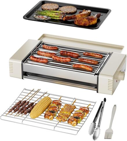 HBN 3-in-1 Hot Dog Roller Grill Machine with Nonstick Plate & Grill Rack, 800W Compact Indoor Electric Sausage Griller for Kitchen, Home, Small Space Use (Beige) in Saudi Arabia