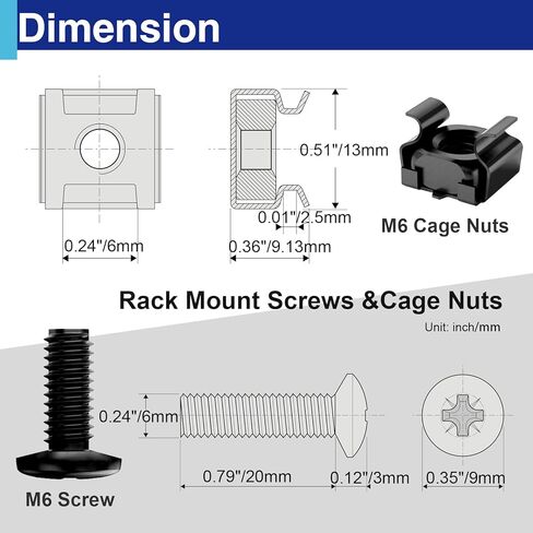 35 Pack M6 x 16mm Rack Mount Screws and Cage Nuts Kit - Stainless Steel Black Zinc Plating Square Hole Design, Compatible with 19"/10" Server Racks, Cabinets, Routers, A/V and Network Enclosures in Kuwait