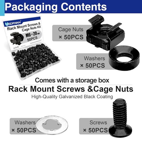 35 Pack M6 x 16mm Rack Mount Screws and Cage Nuts Kit - Stainless Steel Black Zinc Plating Square Hole Design, Compatible with 19"/10" Server Racks, Cabinets, Routers, A/V and Network Enclosures in Kuwait