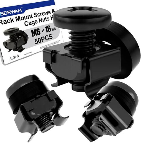 35 Pack M6 x 16mm Rack Mount Screws and Cage Nuts Kit - Stainless Steel Black Zinc Plating Square Hole Design, Compatible with 19"/10" Server Racks, Cabinets, Routers, A/V and Network Enclosures in Kuwait