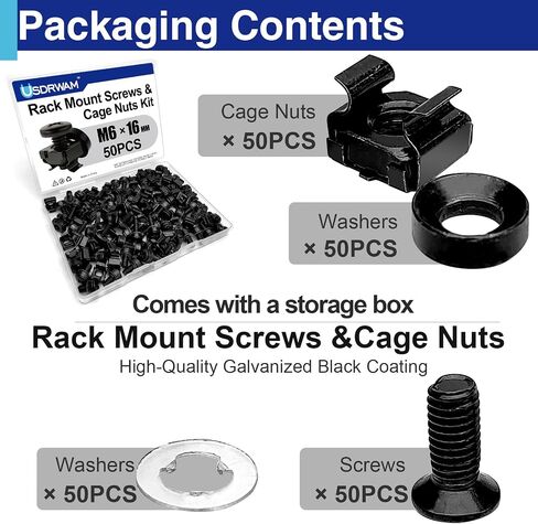 35 Pack M6 x 16mm Rack Mount Screws and Cage Nuts Kit - Stainless Steel Black Zinc Plating Square Hole Design, Compatible with 19"/10" Server Racks, Cabinets, Routers, A/V and Network Enclosures in Kuwait