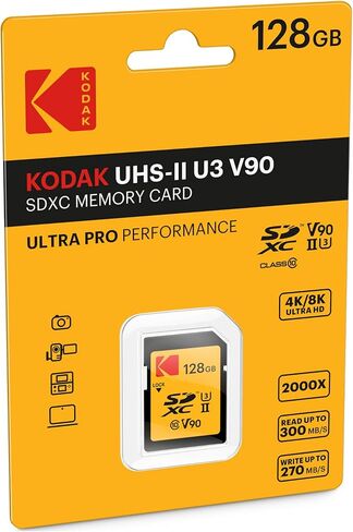 Kodak 128GB UHS -II U3 ​​V90 بطاقة ذاكرة ULTRA PRO SDXC - تصل إلى 3000 ميجابايت/ثانية السرعة و 270 ميجابايت/ثانية السرعة in Saudi Arabia