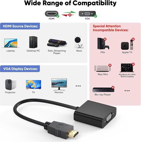 HDMI إلى VGA 10 عبوات ، محول HDMI-to-VGA أحادي الاتجاه إلى VGA من الذكور المطلي بالذهب إلى الإناث للمراقبة ، جهاز العرض ، HDTV ، الكمبيوتر المحمول ، الكمبيوتر ، سطح المكتب ، Chromebook ، Roku ، Xbox وأكثر من ذلك in Kuwait