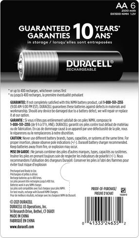 بطاريات Duracell القابلة لإعادة الشحن AA 2500mAh ، 6 عدد (حزمة من 1) ، مزدوجة بطارية للطاقة طويلة الأمد ، والبطارية المسبقة للأغراض بالكامل للأجهزة المنزلية والأعمال in Saudi Arabia
