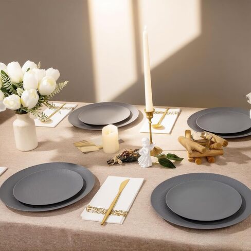 WONDERFUL 32pcs Light Grey Plastic Plates Reusable Unbreakable & Dishwasher safe Dishes Set Outdoor Plates Includes:16 Dinner 10" and 16 Dessert Plate 7.3" Ideal for BBQ Camping in Saudi Arabia
