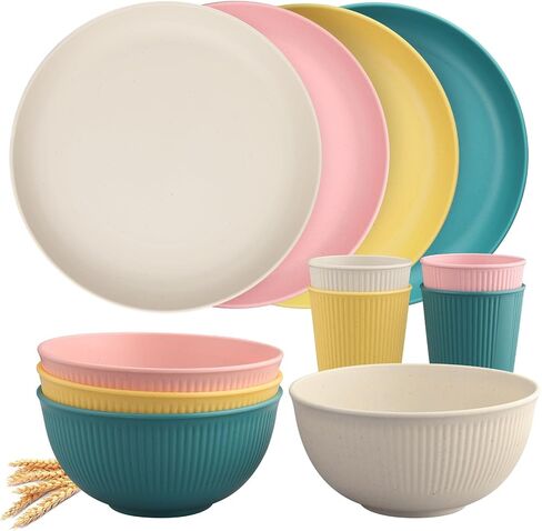 Tanice Plastic Dinnerware Set, 12PCS Outdoor Plates and Bowls Sets, Kids Dinnerware Set for 4, Plastic Dishes Set with Pltaes, Bowls, Cups for Kitchen, Outdoor Camping in Kuwait