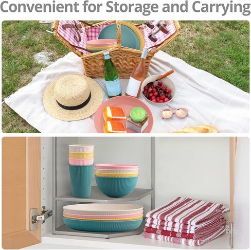 Tanice Plastic Dinnerware Set, 12PCS Outdoor Plates and Bowls Sets, Kids Dinnerware Set for 4, Plastic Dishes Set with Pltaes, Bowls, Cups for Kitchen, Outdoor Camping in Kuwait