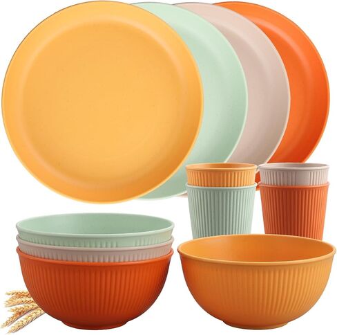 Tanice Plastic Dinnerware Set, 12PCS Outdoor Plates and Bowls Sets, Kids Dinnerware Set for 4, Plastic Dishes Set with Pltaes, Bowls, Cups for Kitchen, Outdoor Camping in Kuwait
