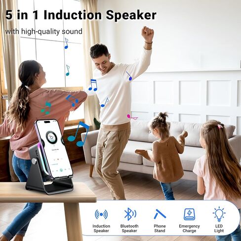 Induction Speaker with Phone Stand 5 in 1 Wireless Induction Bluetooth Audio for iPhone Android Phone Speakers Amplifier with Rechargeable Colorful Light, Birthday Gifts for Men Women Teens (Black) in Kuwait