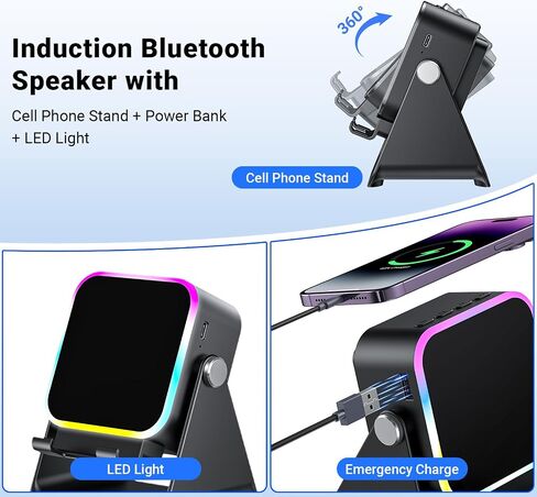 Induction Speaker with Phone Stand 5 in 1 Wireless Induction Bluetooth Audio for iPhone Android Phone Speakers Amplifier with Rechargeable Colorful Light, Birthday Gifts for Men Women Teens (Black) in Kuwait
