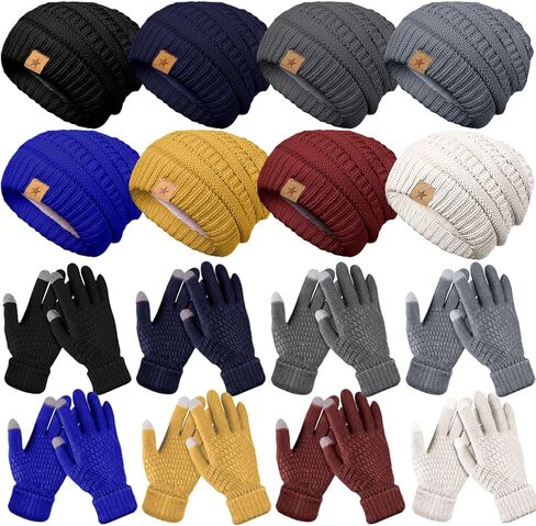 Suhine 8 مجموعة قفازات الشتاء وقبعة مجموعة 8 قطع قبعات الشتاء المحبوكة الدافئة للنساء 8 أزواج قفازات لمس ناعمة بيني قفازات نسائية دافئة للنساء الطقس البارد، 7 ألوان in Kuwait